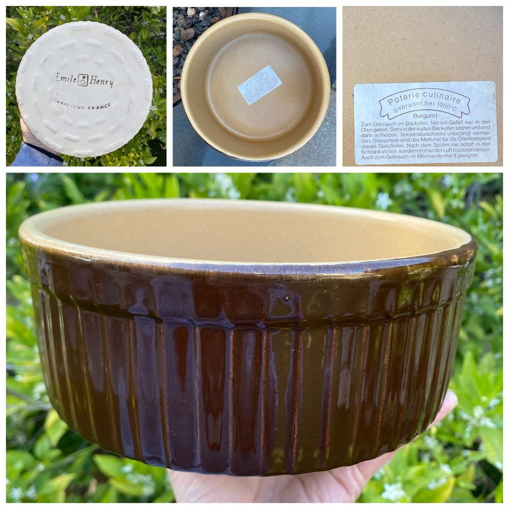 Vintage French Emile Henry La Bourguignonne 8" Ribbed Souffle Baking Dish Rustic